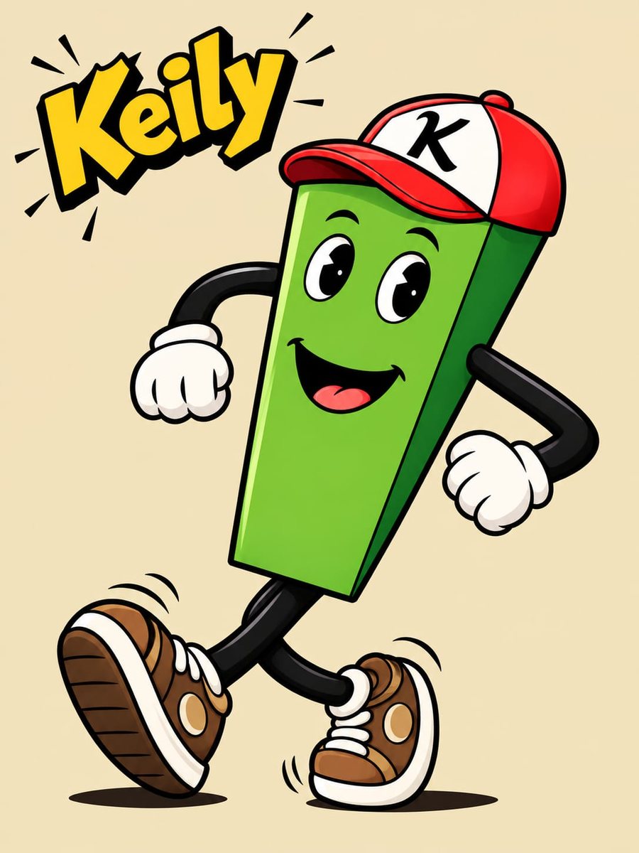 Keily, ein grüner Türkeil mit roter Kappe und Turnschuhen, läuft gut gelaunt los